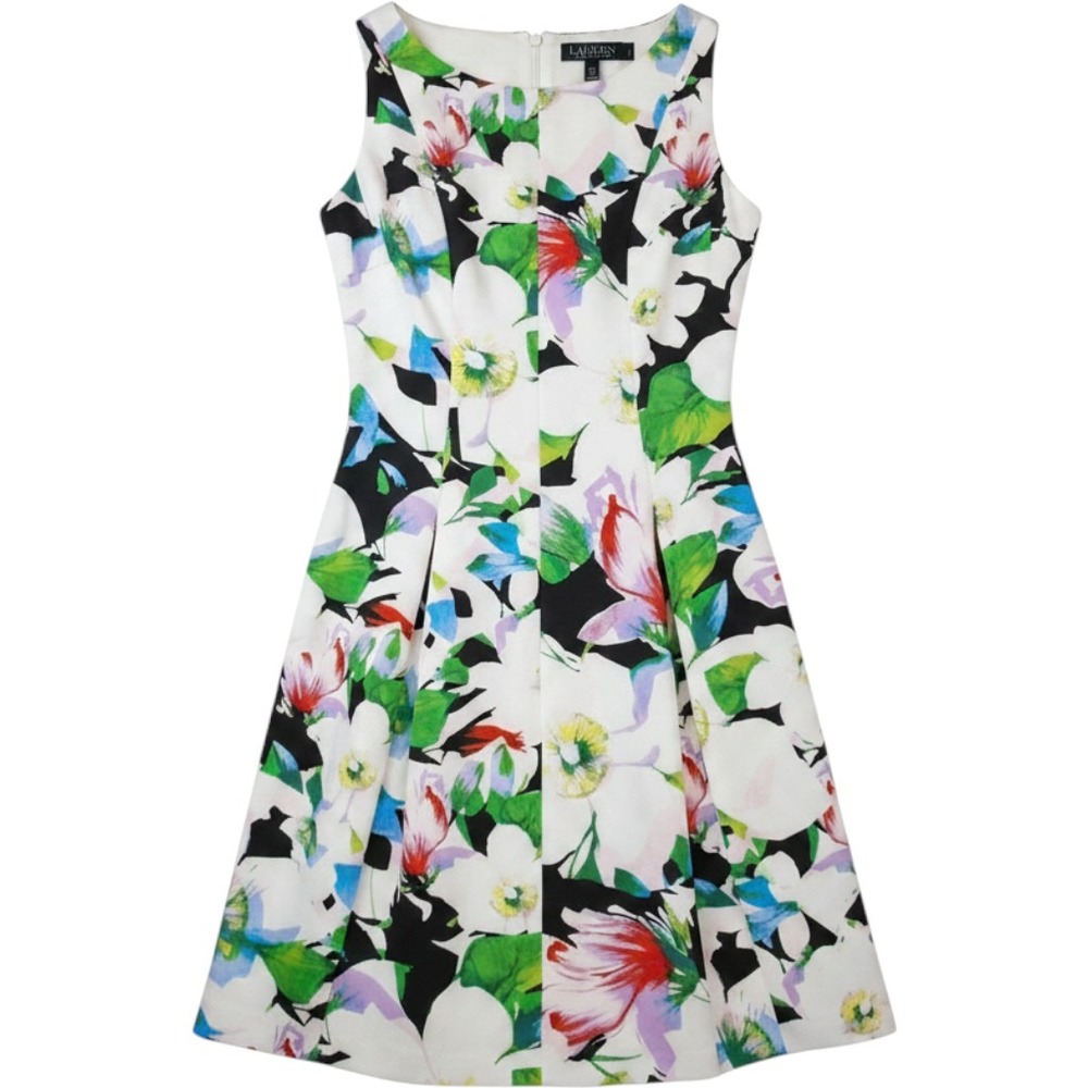 Lauren Ralph Lauren Floral Fit & Flare Dress Womens 6 White Sleeveless Pleated